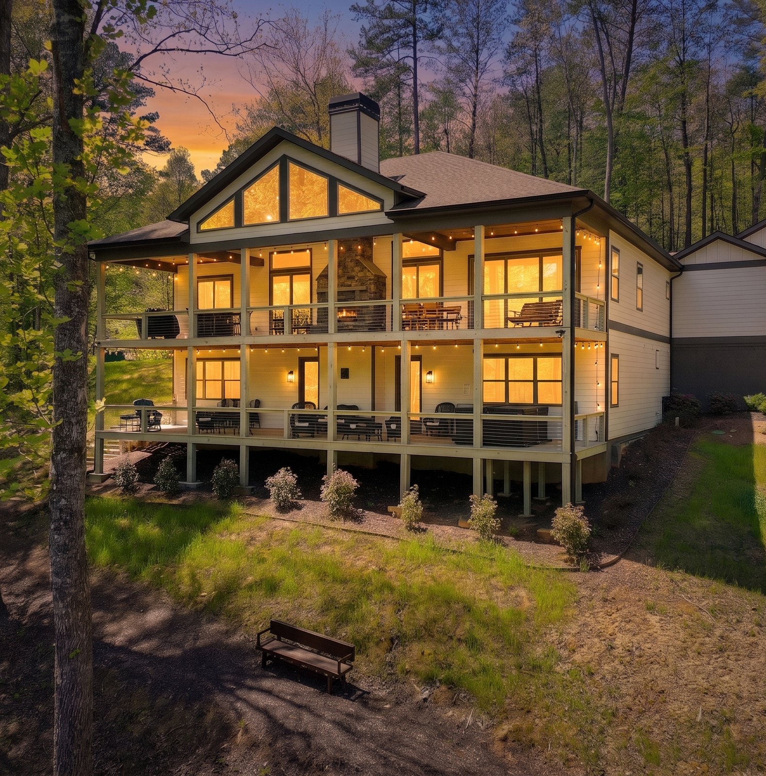 Back of 245 Bear Paw Trail at twilight, with two levels of covered decks